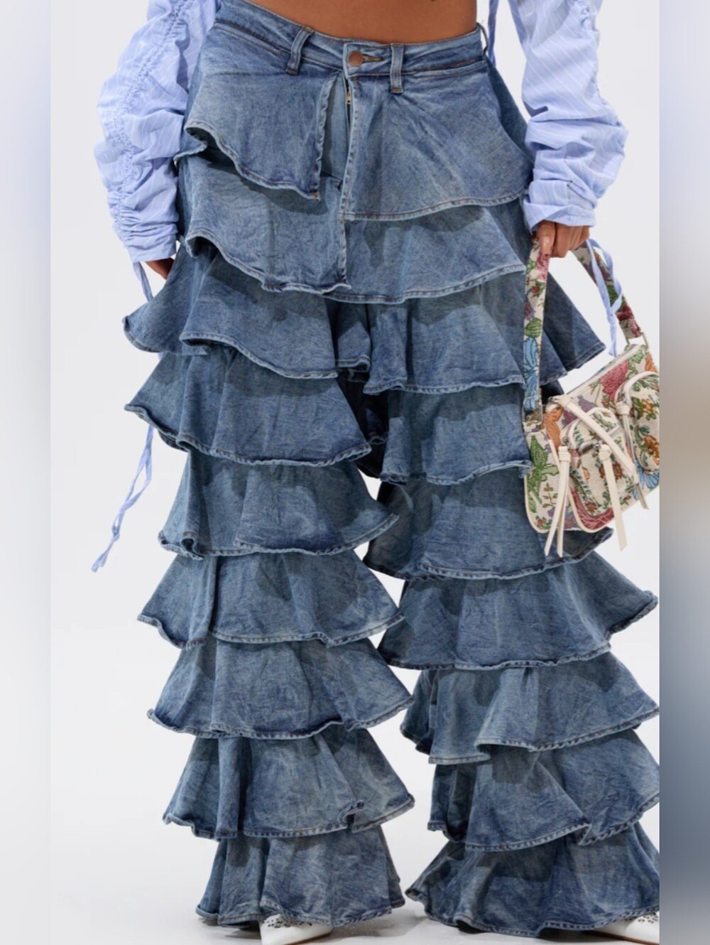 Tiered Ruffle Denim Jeans - Blue